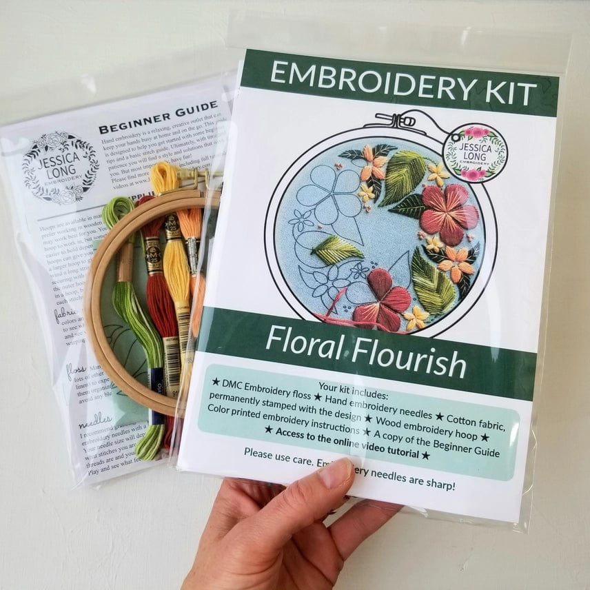 *Pre - Order* 5" Beginner Green Floral Flourish Embroidery Kit - Shop at Persephone's Hearth