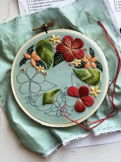 *Pre - Order* 5" Beginner Green Floral Flourish Embroidery Kit - Shop at Persephone's Hearth