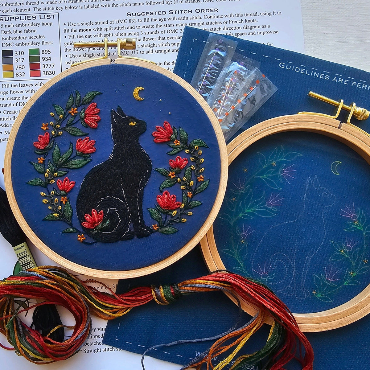 *Pre - order* 5" Beginner Stargazer Black Cat Embroidery Kit - Shop at Persephone's Hearth