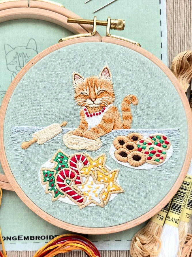 *Pre-order* 5" Holiday Cookie Cat Embroidery Kit - Shop at Persephone's Hearth