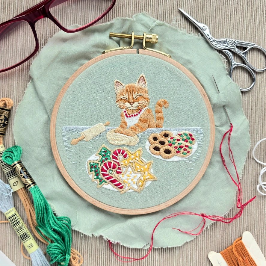 *Pre-order* 5" Holiday Cookie Cat Embroidery Kit - Shop at Persephone's Hearth