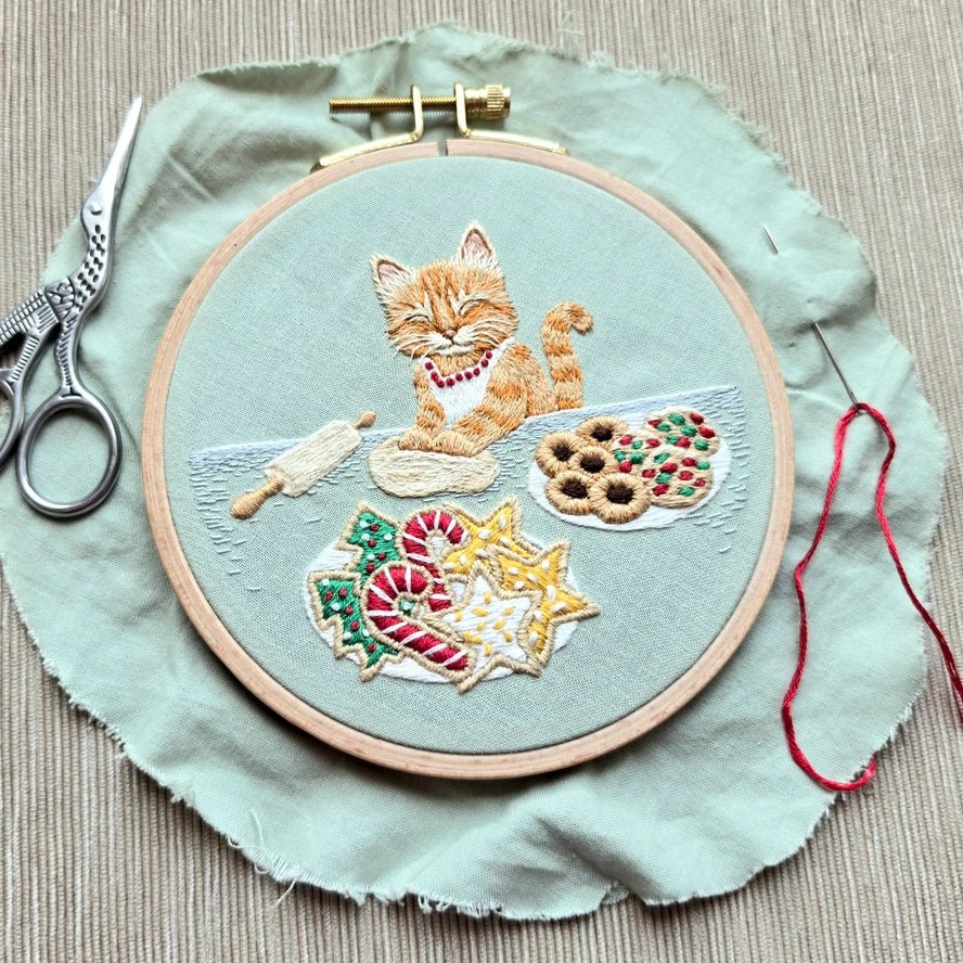 *Pre-order* 5" Holiday Cookie Cat Embroidery Kit - Shop at Persephone's Hearth