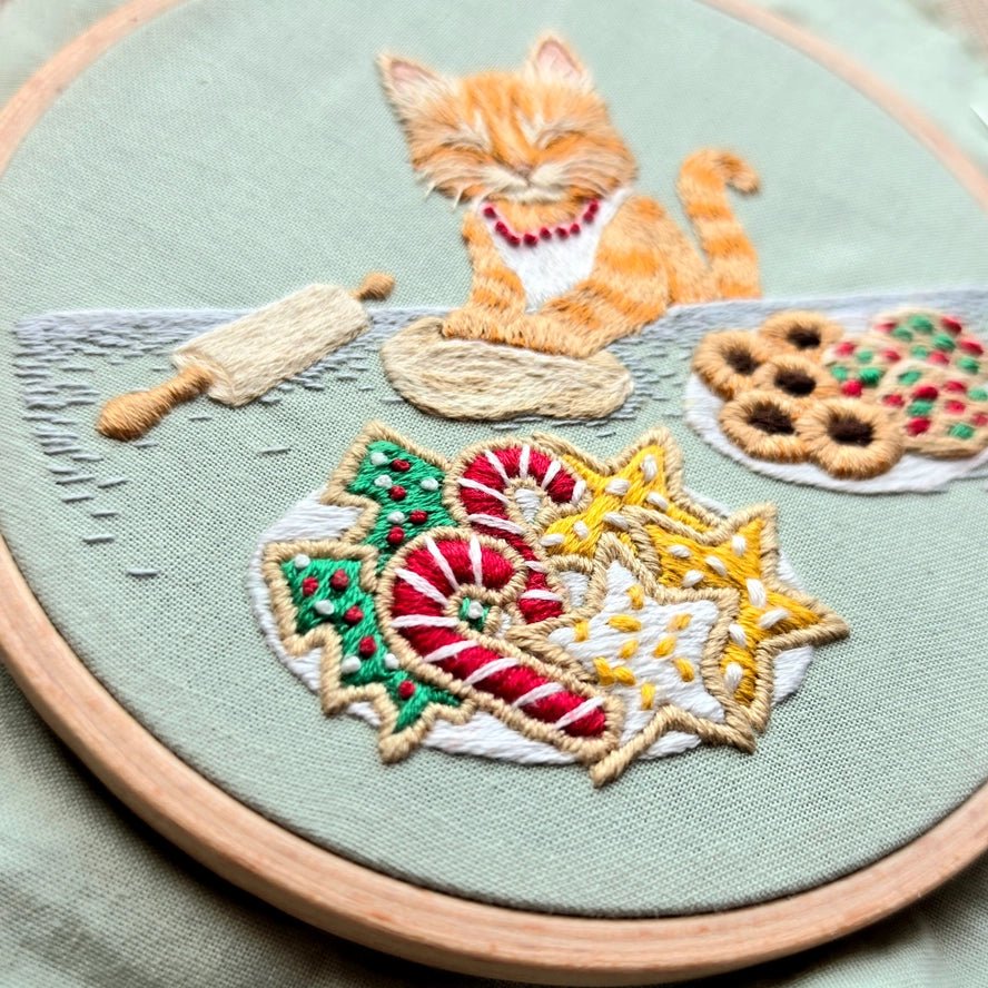 *Pre-order* 5" Holiday Cookie Cat Embroidery Kit - Shop at Persephone's Hearth