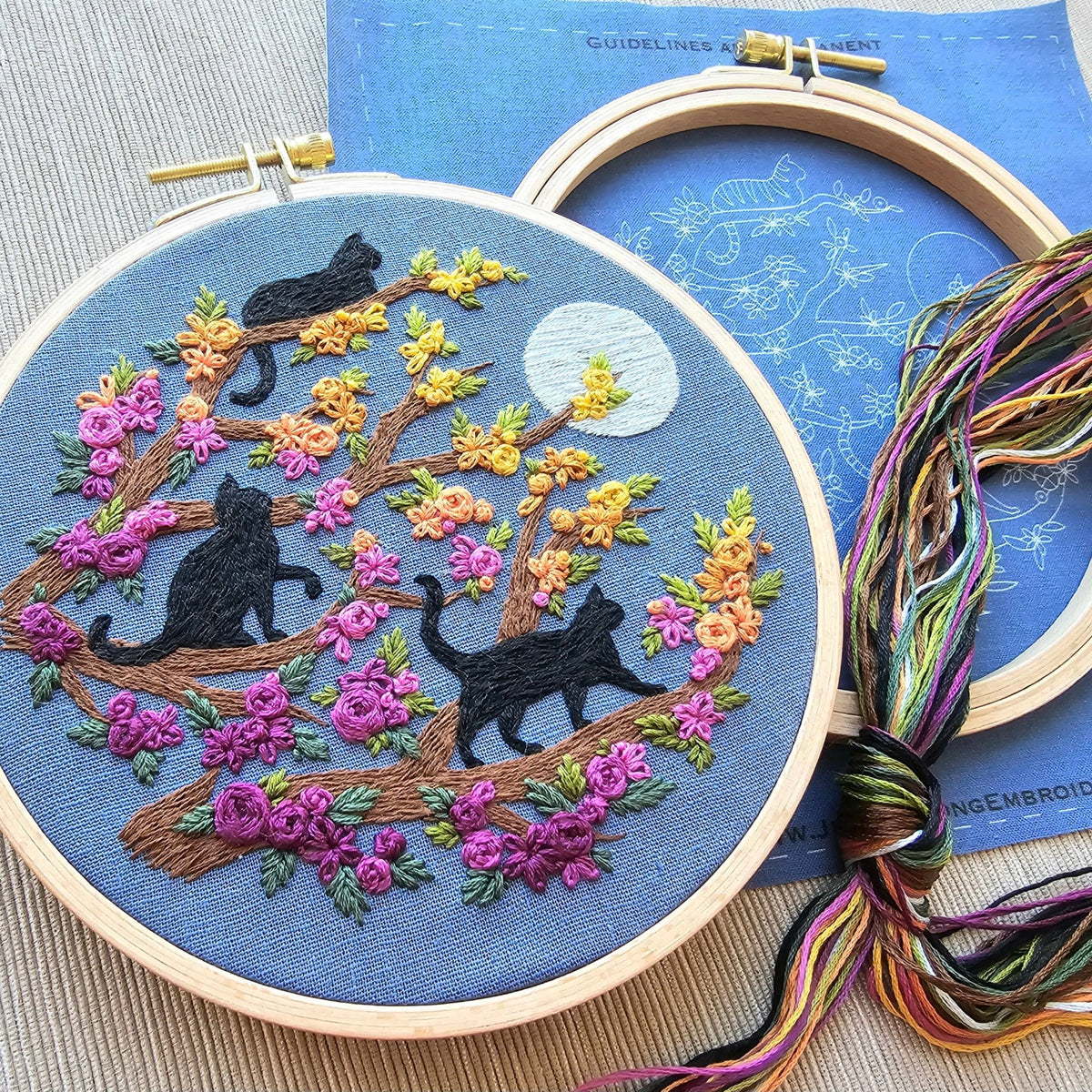 *Pre - order* 6" Beginner Black Cats & Full Moon Embroidery Kit - Shop at Persephone's Hearth