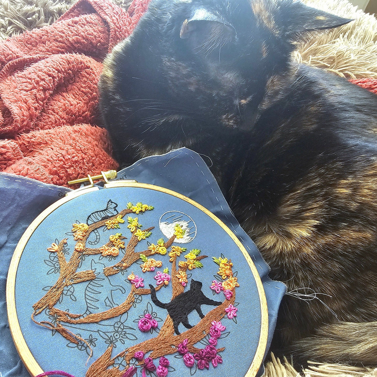 *Pre - order* 6" Beginner Black Cats & Full Moon Embroidery Kit - Shop at Persephone's Hearth