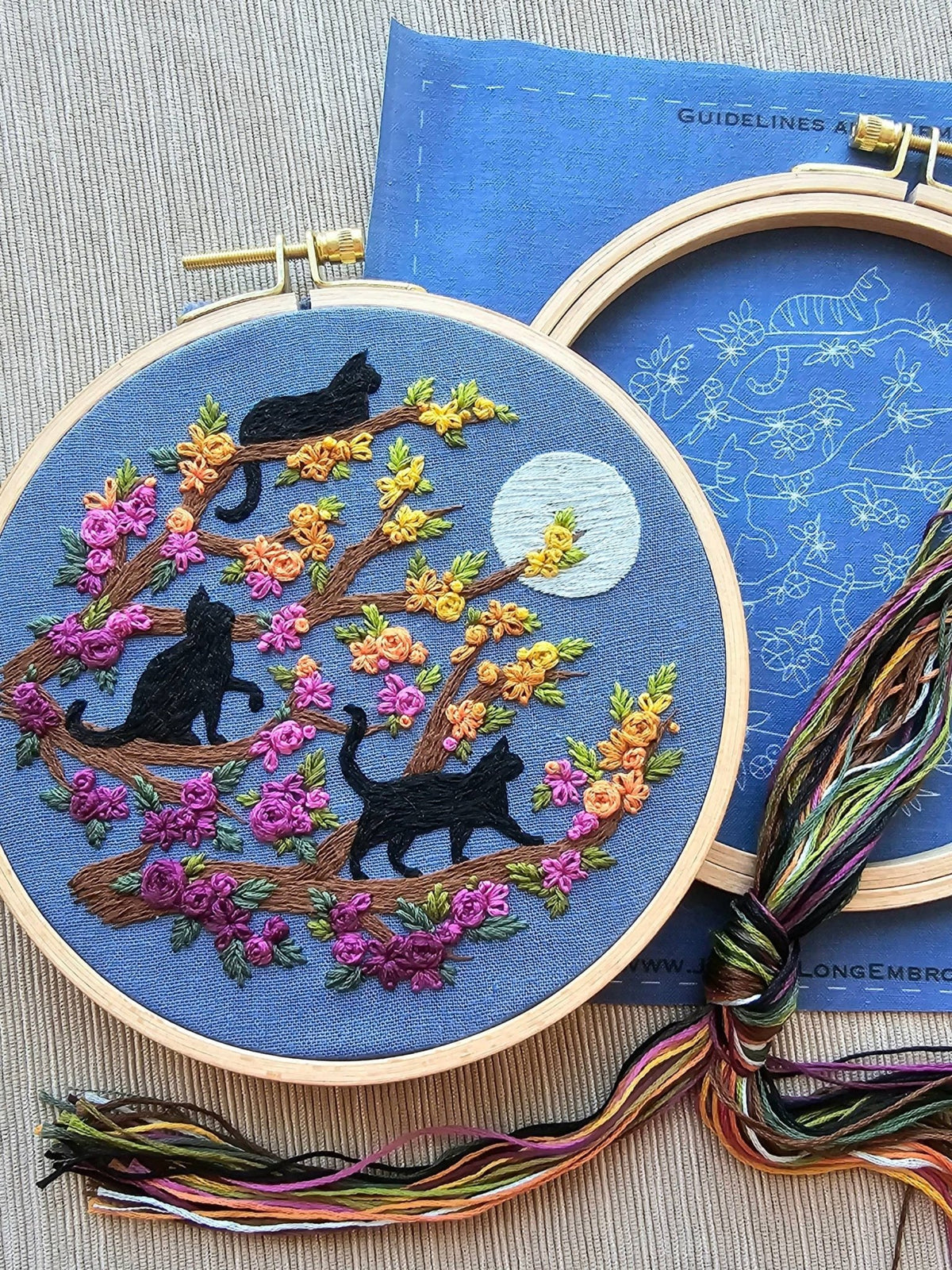 *Pre - order* 6" Beginner Black Cats & Full Moon Embroidery Kit - Shop at Persephone's Hearth