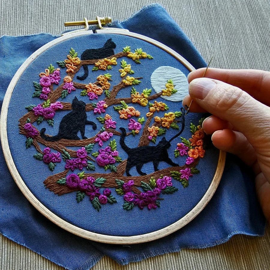 *Pre - order* 6" Beginner Black Cats & Full Moon Embroidery Kit - Shop at Persephone's Hearth