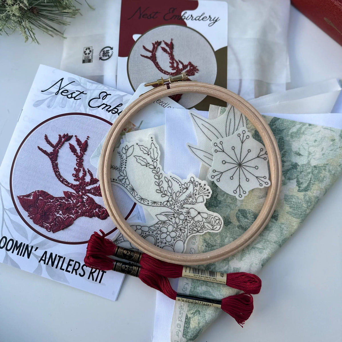*Pre - order* 6" Beginner Bloomin' Antlers Embroidery Kit - Shop at Persephone's Hearth