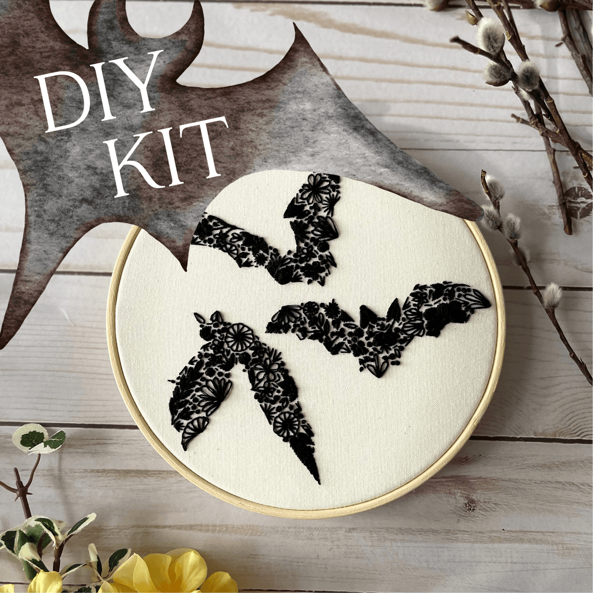 *Pre - order* 6" Beginner Floral Bat Embroidery Kit - Shop at Persephone's Hearth