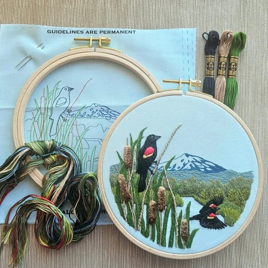 *Pre - Order* 6" Red - Winged Blackbirds Embroidery Kit - Shop at Persephone's Hearth