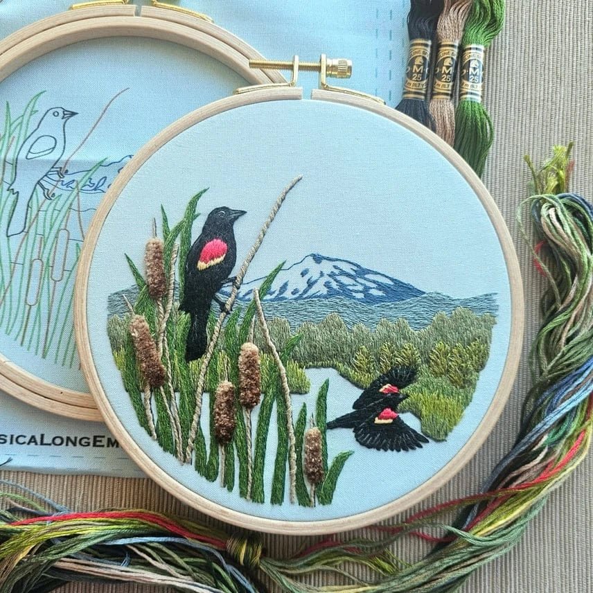 *Pre - Order* 6" Red - Winged Blackbirds Embroidery Kit - Shop at Persephone's Hearth