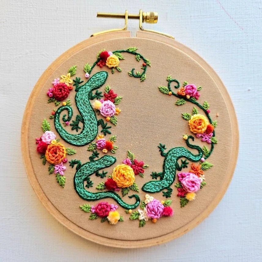 *Pre - Order* (Retiring) 6" Beginner Backyard Geckos Embroidery Kit - Shop at Persephone's Hearth