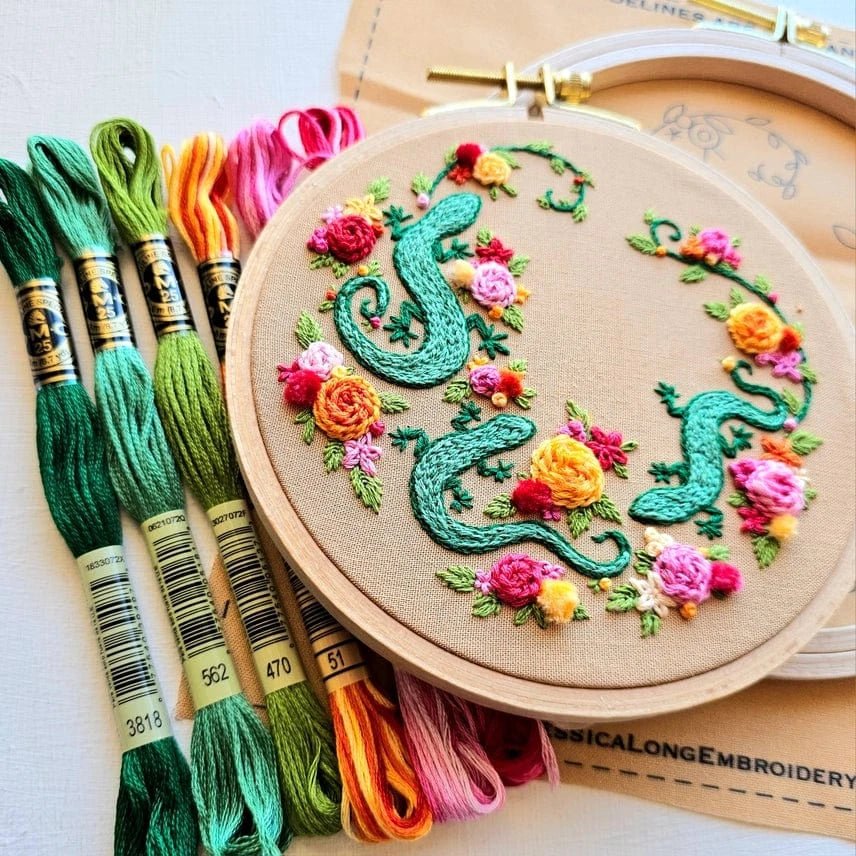*Pre - Order* (Retiring) 6" Beginner Backyard Geckos Embroidery Kit - Shop at Persephone's Hearth