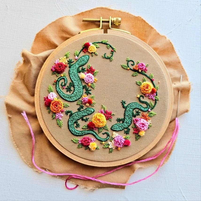 *Pre - Order* (Retiring) 6" Beginner Backyard Geckos Embroidery Kit - Shop at Persephone's Hearth