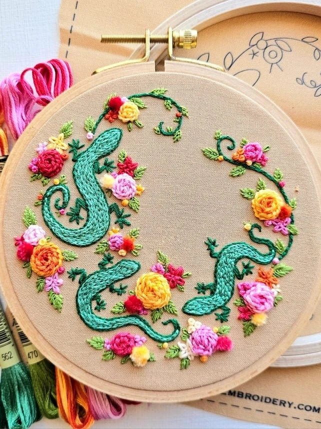 *Pre - Order* (Retiring) 6" Beginner Backyard Geckos Embroidery Kit - Shop at Persephone's Hearth