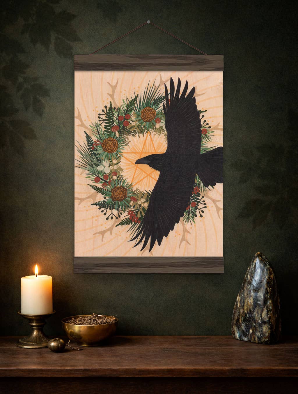 Raven Wreath Small Wood Print, 11" x 8.5" - Shop at Persephone's Hearth