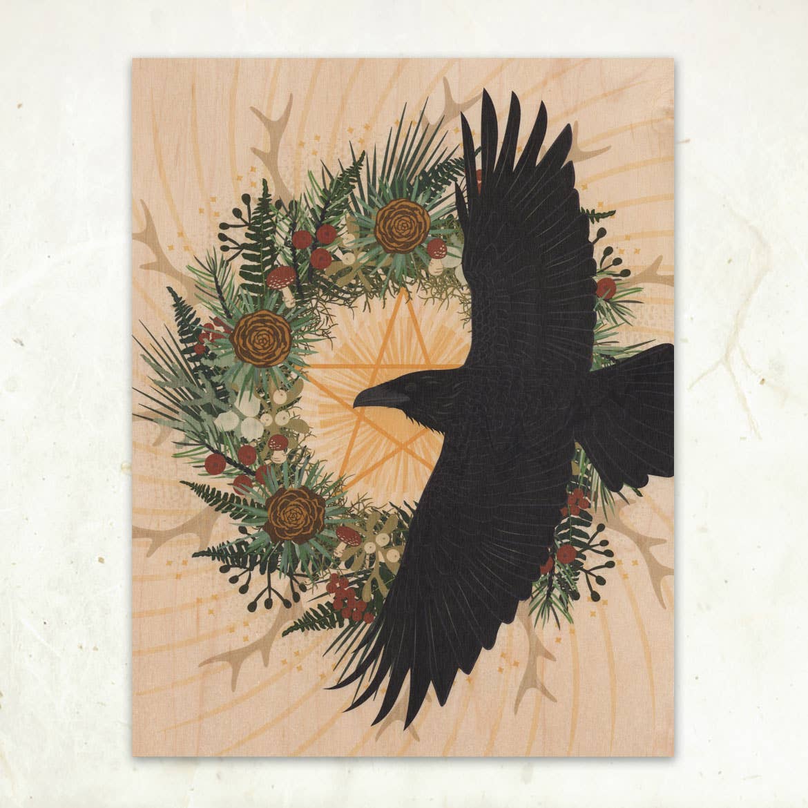 Raven Wreath Small Wood Print, 11" x 8.5" - Shop at Persephone's Hearth