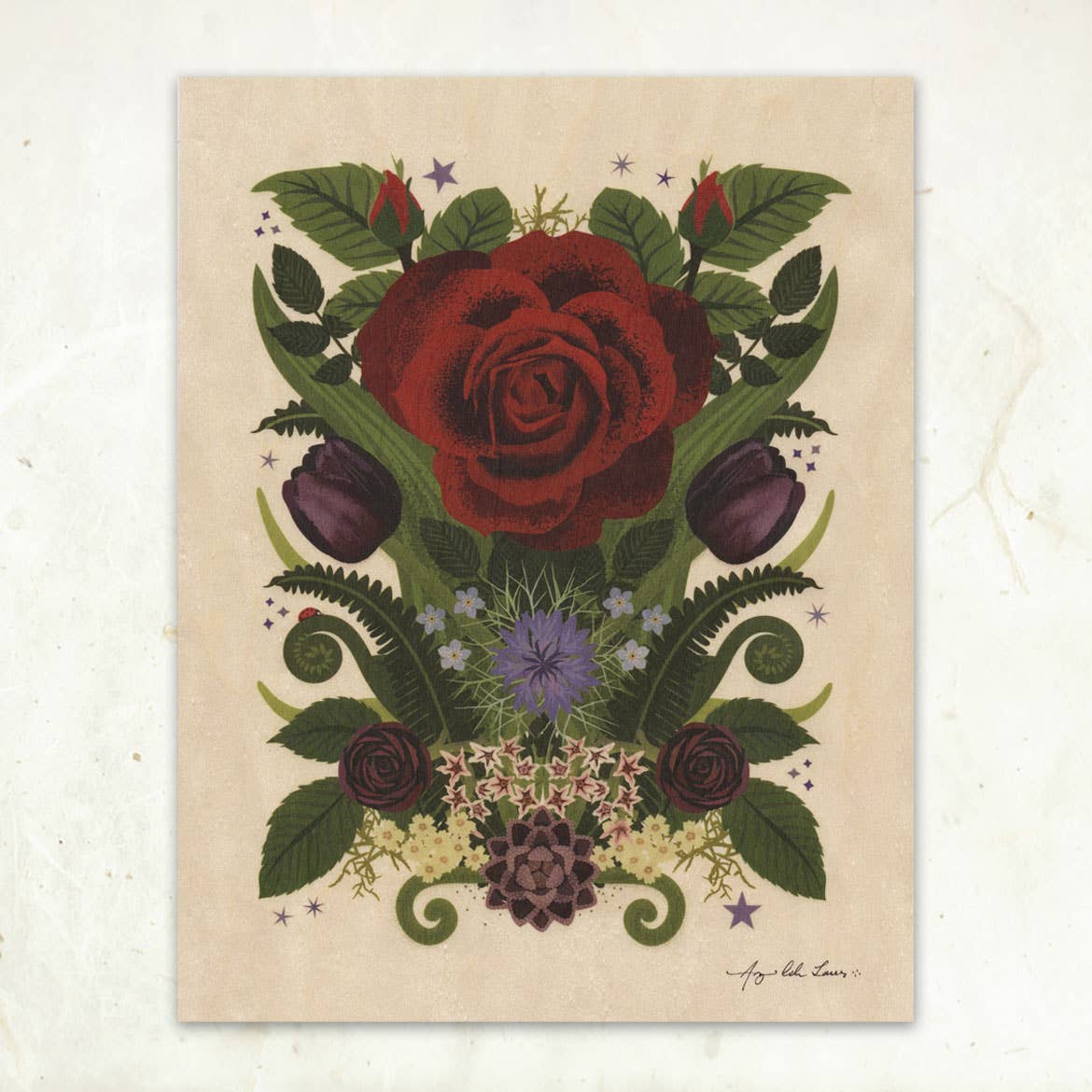 Rose & Ladybug Small Wood Print, 11" x 8.5" - Shop at Persephone's Hearth