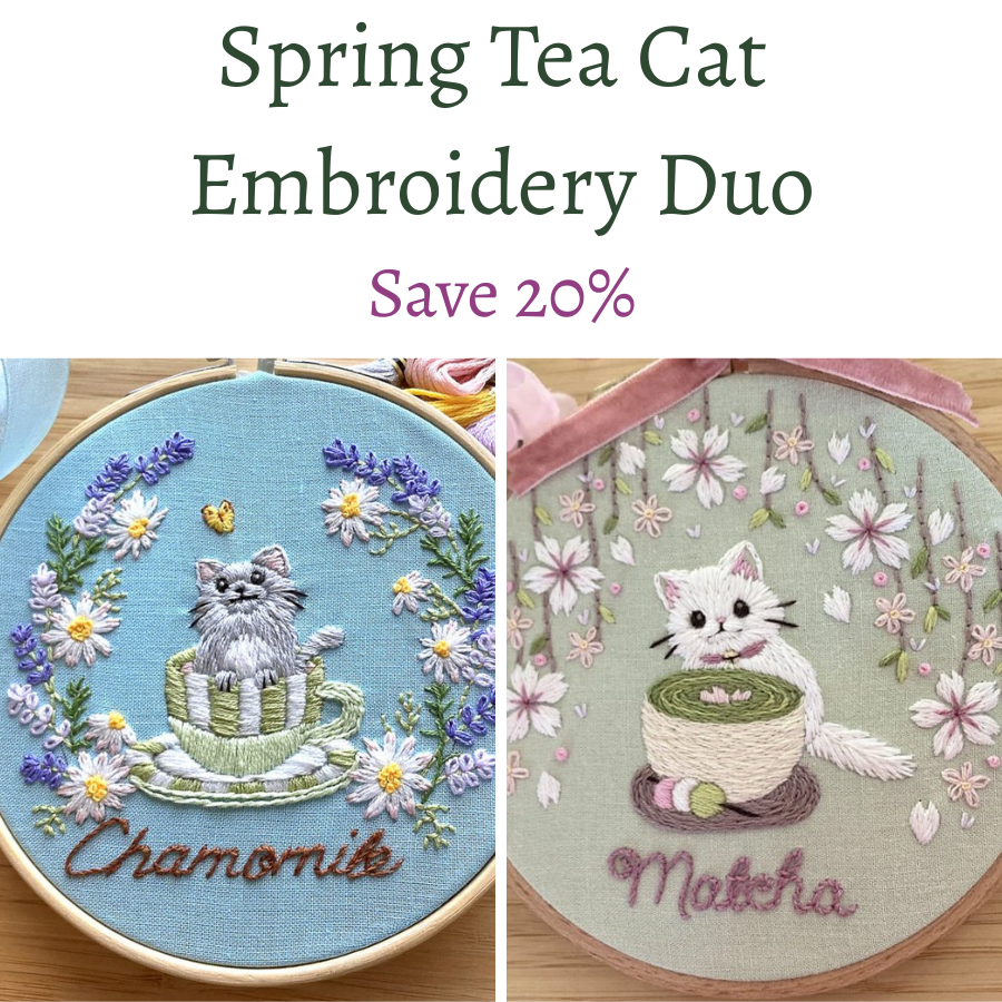 Spring Tea Cat Embroidery Duo - Shop at Persephone's Hearth