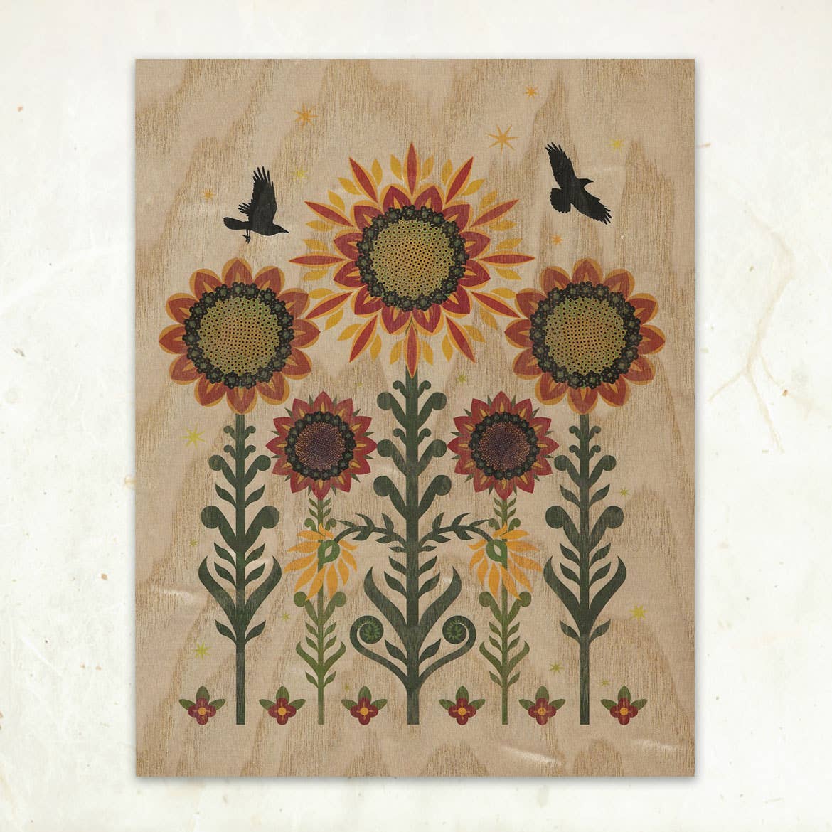 "Sunflowers & Crows" Small Wood Print, 11" x 8.5" - Shop at Persephone's Hearth
