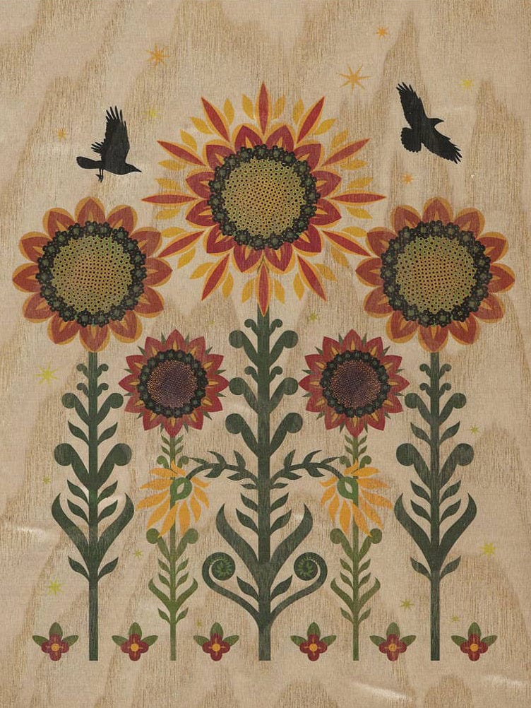 "Sunflowers & Crows" Small Wood Print, 11" x 8.5" - Shop at Persephone's Hearth