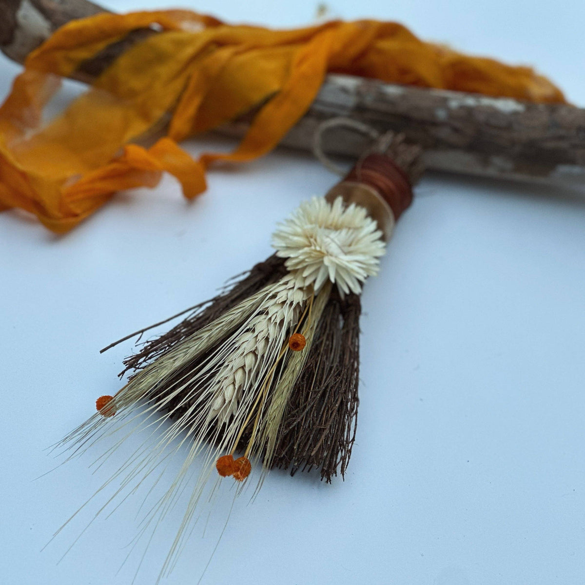 Topanga Window Decorated Cinnamon Broom with Dried Autumn Harvest Florals