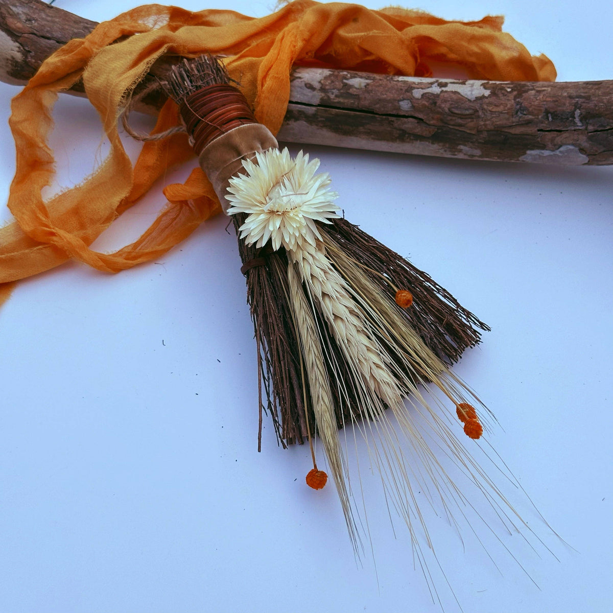 Topanga Window Decorated Cinnamon Broom with Dried Autumn Harvest Florals