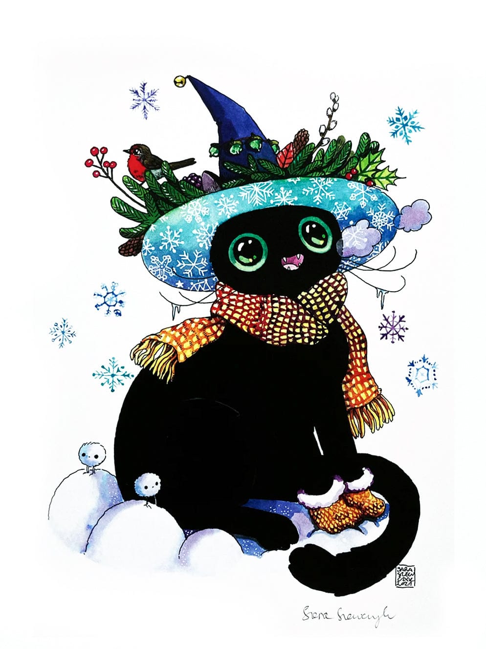 Winter Witch Cat Art Print, 11.8" x 8.3" - Shop at Persephone's Hearth