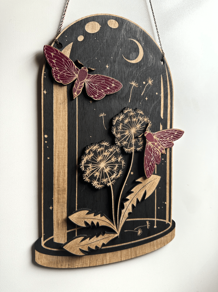 Wooden Hanging Dandelion Moth Curiosities Dome - Shop at Persephone's Hearth