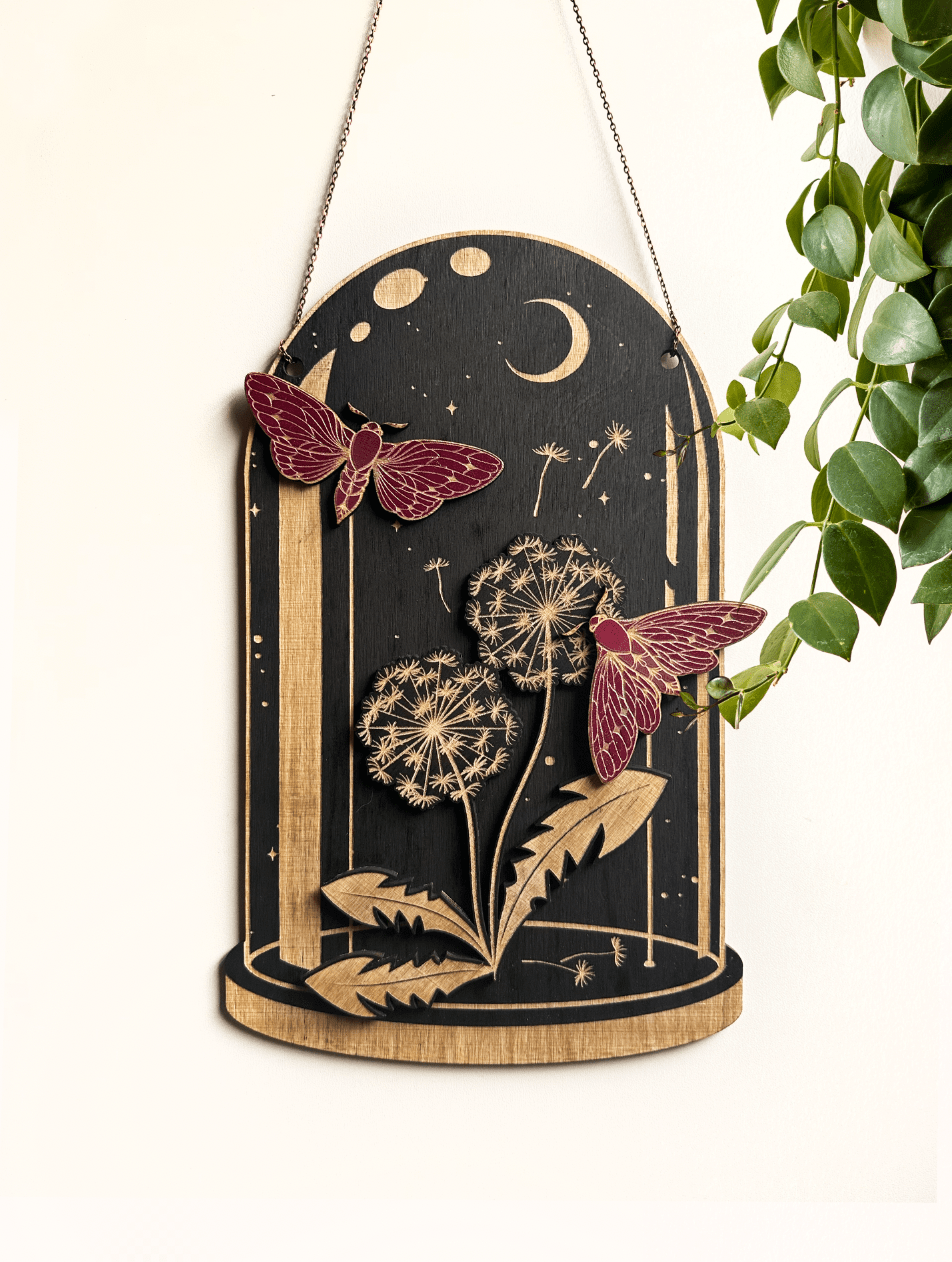 Wooden Hanging Dandelion Moth Curiosities Dome - Shop at Persephone's Hearth